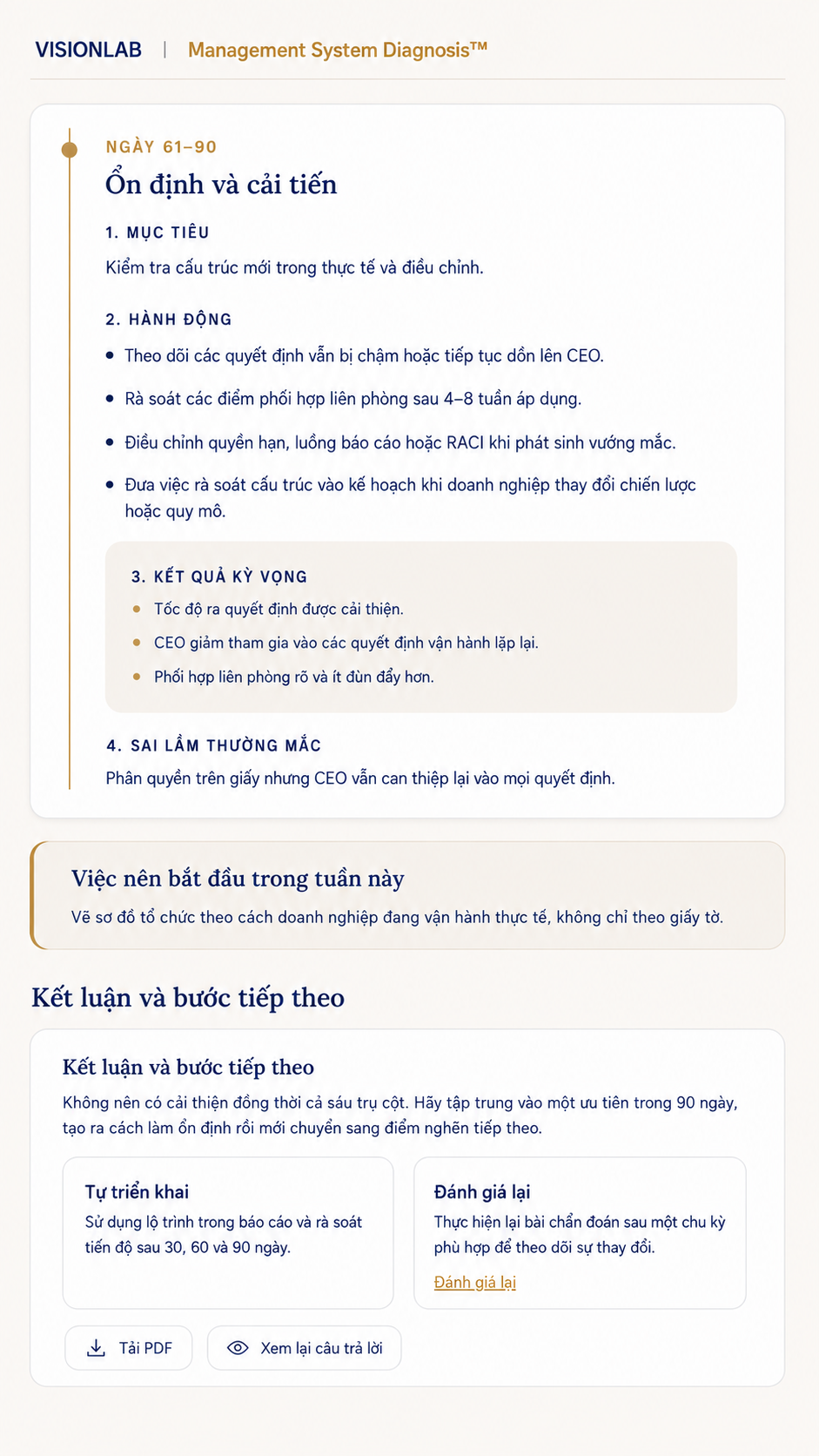 Trang kết luận và bước tiếp theo của báo cáo chẩn đoán, kèm tuỳ chọn tải PDF